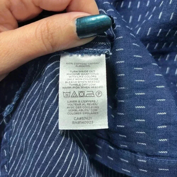 NWT LOFT Navy Blue White Pattern Cotton Long Sleeve Ruffle Button Up Blouse S - Picture 5 of 7